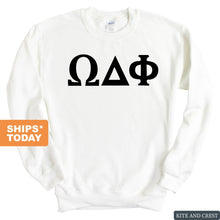 Load image into Gallery viewer, Omega Delta Phi Basic Black Letters Sweatshirt - Fraternity Crewneck Sweatshirt - Kite and Crest