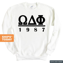 Load image into Gallery viewer, Omega Delta Phi Black Letter Sweatshirt - Fraternity Crewneck Sweatshirt - Kite and Crest
