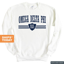 Load image into Gallery viewer, Omega Delta Phi Striped Shield Sweatshirt - Fraternity Crewneck Sweatshirt - Kite and Crest