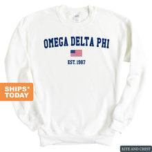 Load image into Gallery viewer, Omega Delta Phi USA Flag Sweatshirt - Fraternity Crewneck Sweatshirt - Kite and Crest