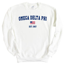 Load image into Gallery viewer, Omega Delta Phi USA Flag Sweatshirt - Fraternity Crewneck Sweatshirt - Kite and Crest