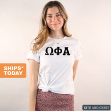 Load image into Gallery viewer, Omega Phi Alpha Basic Black Letters T-shirt - Kite and Crest