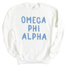Load image into Gallery viewer, Omega Phi Alpha Blue Bubble Letters Crewneck Sweatshirt - Kite and Crest