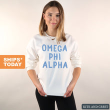 Load image into Gallery viewer, Omega Phi Alpha Blue Bubble Letters Crewneck Sweatshirt - Kite and Crest