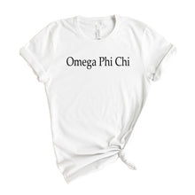 Load image into Gallery viewer, Omega Phi Chi Black Written T-shirt - Kite and Crest