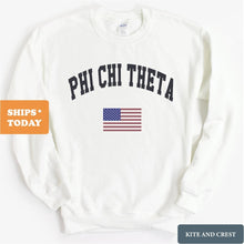 Load image into Gallery viewer, Phi Chi Theta Traditional Flag Sweatshirt - Fraternity Crewneck Sweatshirt - Kite and Crest