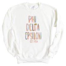 Load image into Gallery viewer, Phi Delta Epsilon Pastel Stencil Sweatshirt - Fraternity Crewneck Sweatshirt - Kite and Crest