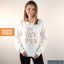 Load image into Gallery viewer, Phi Delta Epsilon Pastel Stencil Sweatshirt - Fraternity Crewneck Sweatshirt - Kite and Crest