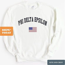 Load image into Gallery viewer, Phi Delta Epsilon Traditional Flag Sweatshirt - Fraternity Crewneck Sweatshirt - Kite and Crest