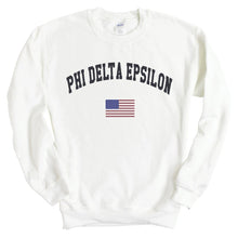 Load image into Gallery viewer, Phi Delta Epsilon Traditional Flag Sweatshirt - Fraternity Crewneck Sweatshirt - Kite and Crest