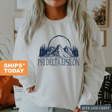 Load image into Gallery viewer, Phi Delta Epsilon Weekend in the Mountains Sweatshirt - Fraternity Crewneck Sweatshirt - Kite and Crest