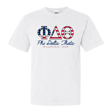 Load image into Gallery viewer, Phi Delta Theta Comfort Colors T-Shirt - Phi Delt American Flag Letters Shirt - Kite and Crest