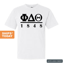 Load image into Gallery viewer, Phi Delta Theta Comfort Colors T-Shirt - Phi Delt Black Letters Shirt - Kite and Crest
