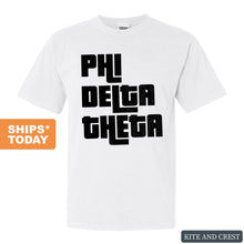 Load image into Gallery viewer, Phi Delta Theta Comfort Colors T-Shirt - Phi Delt Stacked Letters Shirt - Kite and Crest