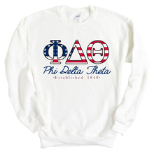 Load image into Gallery viewer, Phi Delta Theta Sweatshirt - Phi Delt American Flag Letters Crewneck Sweatshirt - Kite and Crest