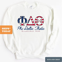 Load image into Gallery viewer, Phi Delta Theta Sweatshirt - Phi Delt American Flag Letters Crewneck Sweatshirt - Kite and Crest