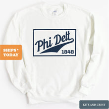 Load image into Gallery viewer, Phi Delta Theta Sweatshirt - Phi Delt Baseball Boxed Crewneck Sweatshirt - Kite and Crest