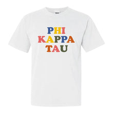Load image into Gallery viewer, Phi Kappa Tau Comfort Colors T-Shirt - Phi Tau Retro Letters Shirt - Kite and Crest