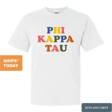 Load image into Gallery viewer, Phi Kappa Tau Comfort Colors T-Shirt - Phi Tau Retro Letters Shirt - Kite and Crest