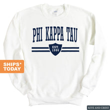 Load image into Gallery viewer, Phi Kappa Tau Sweatshirt - Phi Tau Striped Shield Crewneck Sweatshirt - Kite and Crest