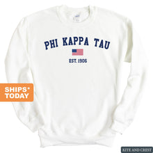 Load image into Gallery viewer, Phi Kappa Tau Sweatshirt - Phi Tau USA Flag Crewneck Sweatshirt - Kite and Crest