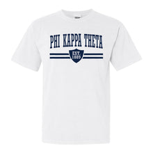 Load image into Gallery viewer, Phi Kappa Theta Striped Shield Comfort Colors T-Shirt - Fraternity Tee - Kite and Crest