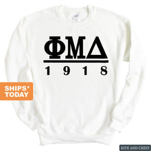 Load image into Gallery viewer, Phi Mu Delta Black Letter Sweatshirt - Fraternity Crewneck Sweatshirt - Kite and Crest