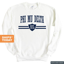 Load image into Gallery viewer, Phi Mu Delta Striped Shield Sweatshirt - Fraternity Crewneck Sweatshirt - Kite and Crest