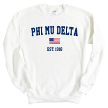Load image into Gallery viewer, Phi Mu Delta USA Flag Sweatshirt - Fraternity Crewneck Sweatshirt - Kite and Crest