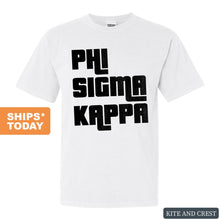 Load image into Gallery viewer, Phi Sigma Kappa Comfort Colors T-Shirt - Phi Sig Stacked Letters Shirt - Kite and Crest