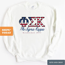Load image into Gallery viewer, Phi Sigma Kappa Sweatshirt - Phi Sig American Flag Letters Crewneck Sweatshirt - Kite and Crest