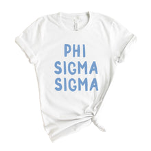 Load image into Gallery viewer, Phi Sigma Sigma Blue Bubble Letter Sorority T-Shirt - Kite and Crest