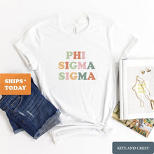 Load image into Gallery viewer, Phi Sigma Sigma Bright and Colorful Sorority T-Shirt Shirt Tee - Kite and Crest