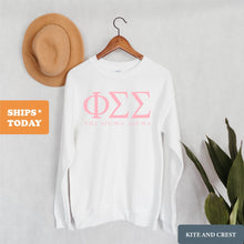 Load image into Gallery viewer, Phi Sigma Sigma Pink Letter Sorority Crewneck Sweatshirt - Kite and Crest
