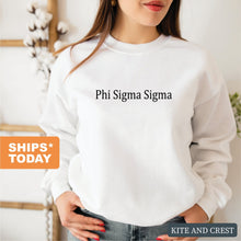 Load image into Gallery viewer, Phi Sigma Sigma Sweatshirt - Phi Sig Black Written Crewneck Sweatshirt - Kite and Crest