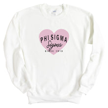 Load image into Gallery viewer, Phi Sigma Sigma Sweatshirt | Phi Sig Pink Heart Crewneck Sweatshirt | Phi Sigma Sigma Sorority Gift Idea - Kite and Crest