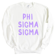 Load image into Gallery viewer, Phi Sigma Sigma Sweatshirt - Phi Sig Purple Bubble Letters Crewneck Sweatshirt - Kite and Crest