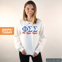 Load image into Gallery viewer, Phi Sigma Sigma Sweatshirt | Phi Sig Red and Blue Crewneck Sweatshirt | Phi Sigma Sigma Sorority Gift Idea - Kite and Crest