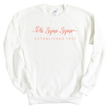 Load image into Gallery viewer, Phi Sigma Sigma Sweatshirt | Phi Sig White Script Letter Crewneck Sweatshirt | Phi Sigma Sigma Sorority Gift Idea - Kite and Crest