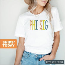 Load image into Gallery viewer, Phi Sigma Sigma T-shirt - Phi Sig Colorful Lined Tee - Kite and Crest