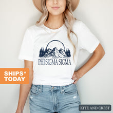 Load image into Gallery viewer, Phi Sigma Sigma T-Shirt | Phi Sig Epic Mountains Shirt | Phi Sigma Sigma Sorority Gift Idea - Kite and Crest