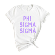 Load image into Gallery viewer, Phi Sigma Sigma T-shirt - Phi Sig Purple Bubble Letters Tee - Kite and Crest
