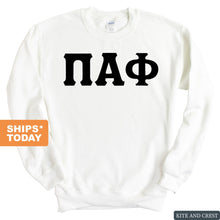 Load image into Gallery viewer, Pi Alpha Phi Basic Black Letters Sweatshirt - Fraternity Crewneck Sweatshirt - Kite and Crest