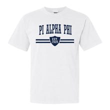 Load image into Gallery viewer, Pi Alpha Phi Striped Shield Comfort Colors T-Shirt - Fraternity Tee - Kite and Crest
