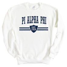 Load image into Gallery viewer, Pi Alpha Phi Striped Shield Sweatshirt - Fraternity Crewneck Sweatshirt - Kite and Crest