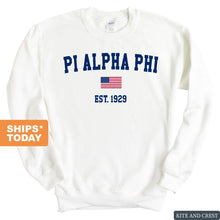 Load image into Gallery viewer, Pi Alpha Phi USA Flag Sweatshirt - Fraternity Crewneck Sweatshirt - Kite and Crest