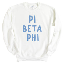 Load image into Gallery viewer, Pi Beta Phi (Pi Phi) Blue Bubble Letter Sorority Crewneck Sweatshirt - Kite and Crest