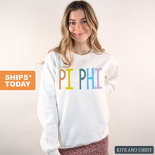 Load image into Gallery viewer, Pi Beta Phi Sweatshirt - Pi Phi Colorful Lined Crewneck Sweatshirt - Kite and Crest