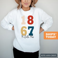 Load image into Gallery viewer, Pi Beta Phi Sweatshirt | Pi Phi Colorful Year Crewneck Sweatshirt | Pi Beta Phi Sorority Gift Idea - Kite and Crest