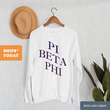 Load image into Gallery viewer, Pi Beta Phi Sweatshirt | Pi Phi Large and Wavy Letters Crewneck Sweatshirt | Pi Beta Phi Sorority Gift Idea - Kite and Crest